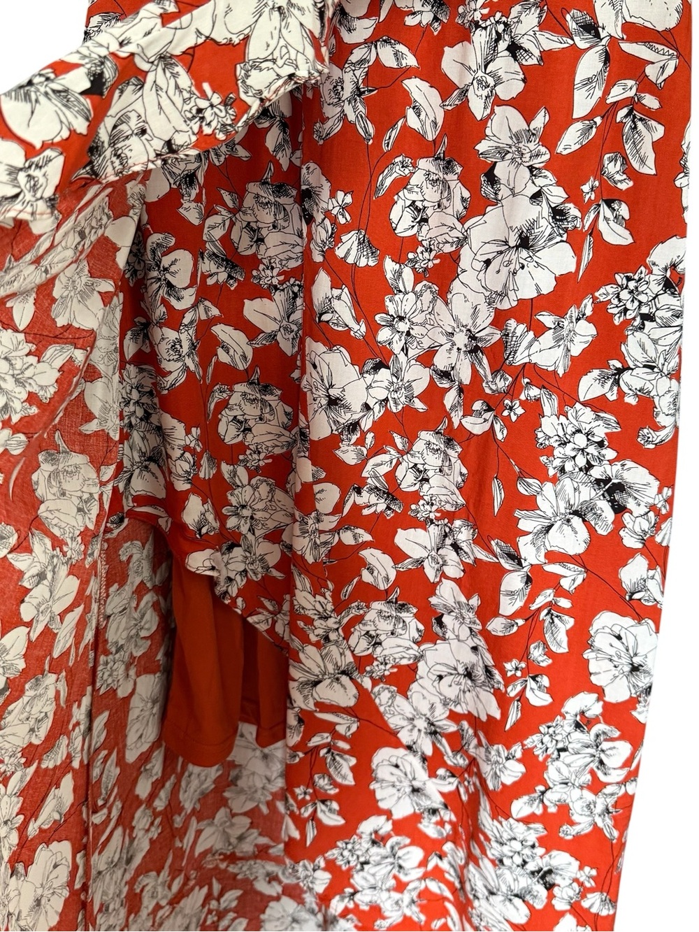 Roolee Burnt Orange w/ Black & White Floral Wrap-Style Ruffle Accent Maxi Dress - Picture 8 of 14